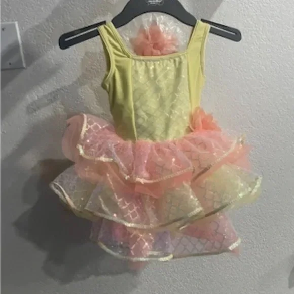 Revolution Dancewear Girl’s Yellow Peach Mesh Sequin Ruffle Costume Dress SC - Picture 5 of 9